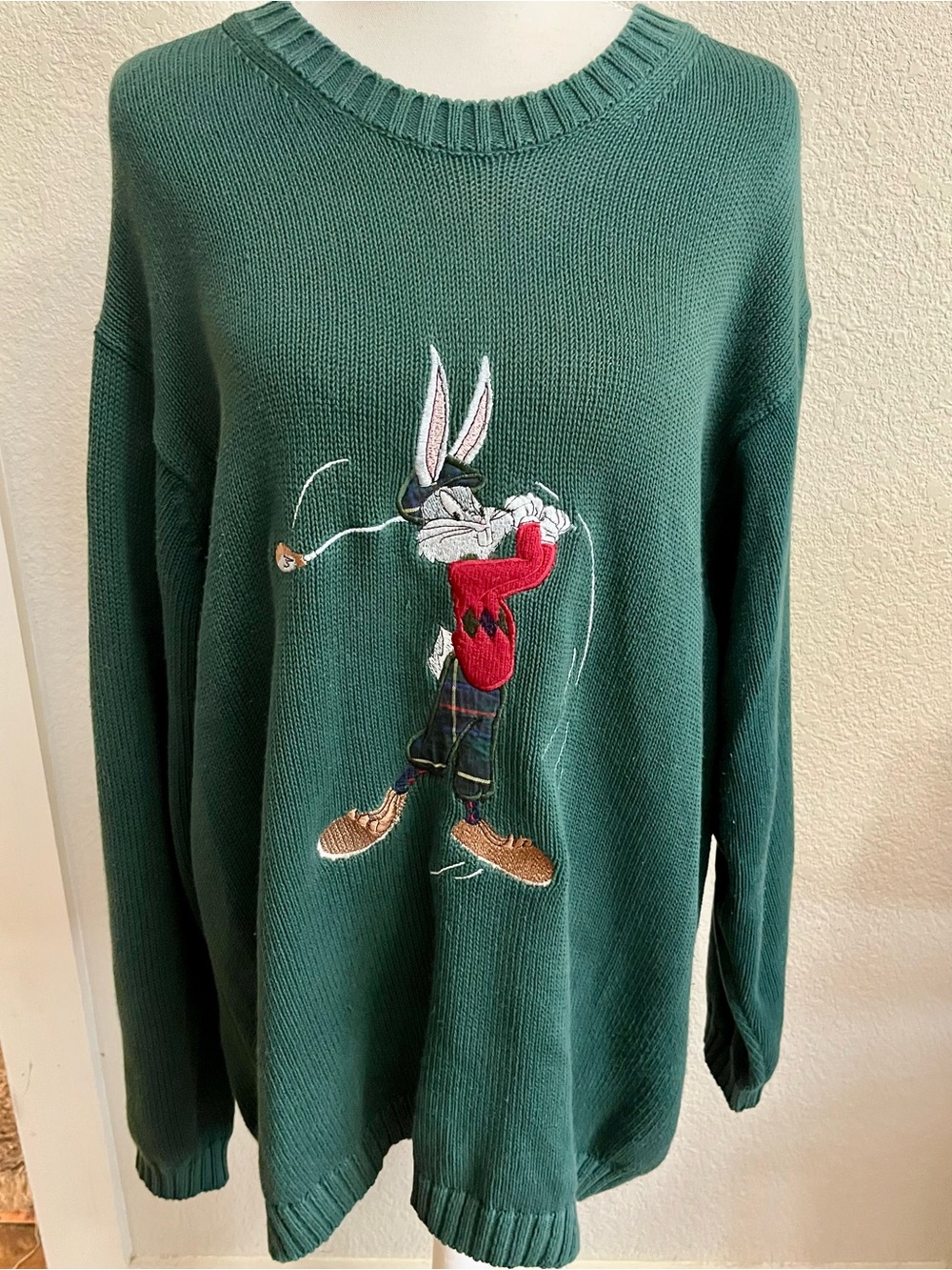 VTG 90s Marks & Spencer St Michael Bugs Bunny Golf Knit Sweater Green size M